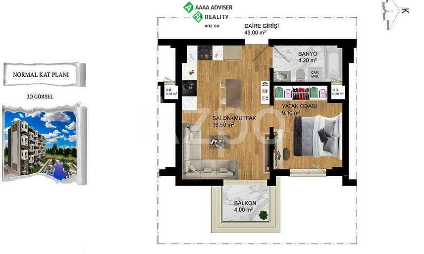 Недвижимость Турции Двухкомнатные квартиры по цене застройщика (инвестиционный проект в районе Кепез) 45 м²: 15