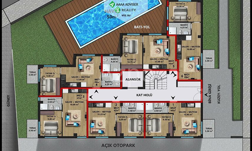 Недвижимость Турции Квартиры в районе Лара (инвестиционный проект) 44-123 м²: 7