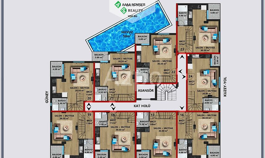 Недвижимость Турции Квартиры в районе Лара (инвестиционный проект) 44-123 м²: 9