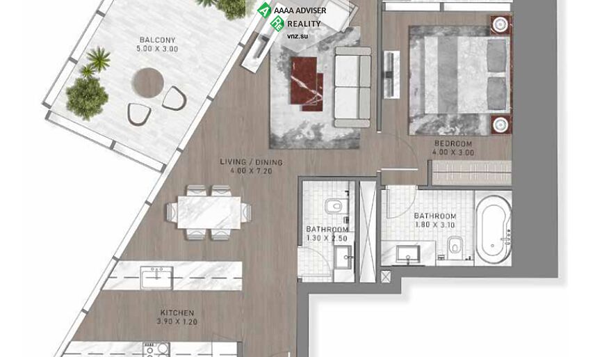 Недвижимость ОАЭ Шикарная квартира  с балконом и 1 спальней : 1