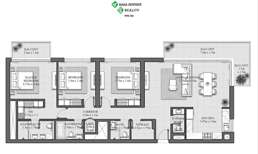 Недвижимость ОАЭ Шикарная квартира  с балконом и 3 спальнями : 9