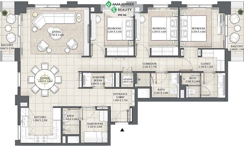 Недвижимость ОАЭ Люкс апартаменты с 3 спальнями: 1