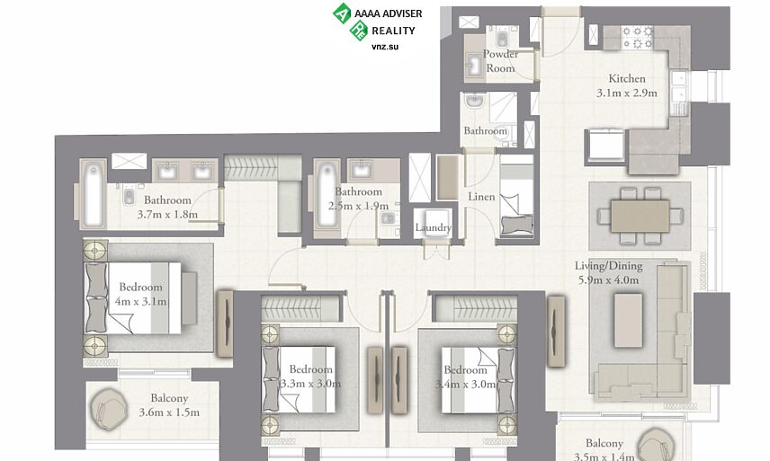 Недвижимость ОАЭ Апартаменты класса люкс с 3 спальнями: 3